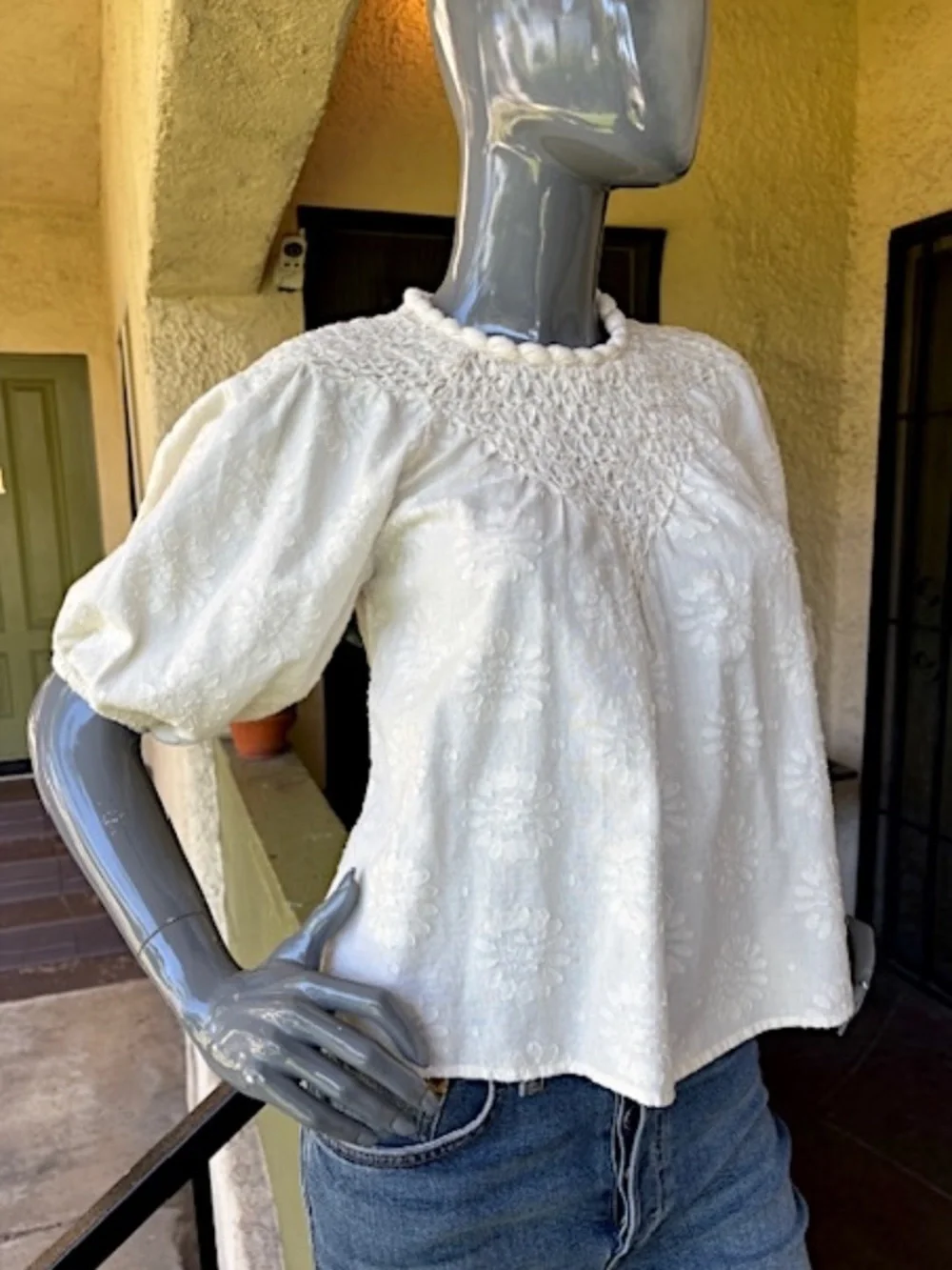 $249 CHRISTY DAWN Organic Cotton Flower Jacquard Top w/ Smocking Det.EUC/sz XS